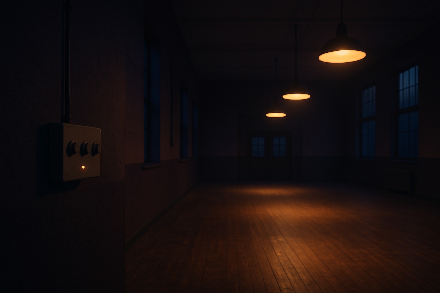 A dim hall with three pendant lights lit to different levels, and a small three-knob panel on the near wall.