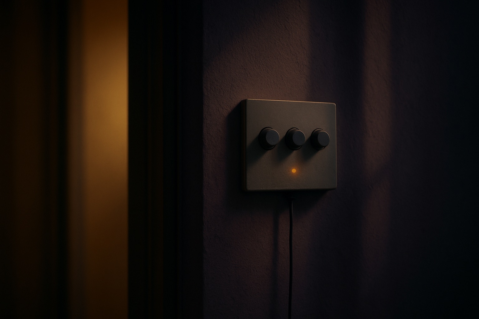 A gliim panel on a plastered wall beside a doorway, a thin cable running down from it into the wall.
