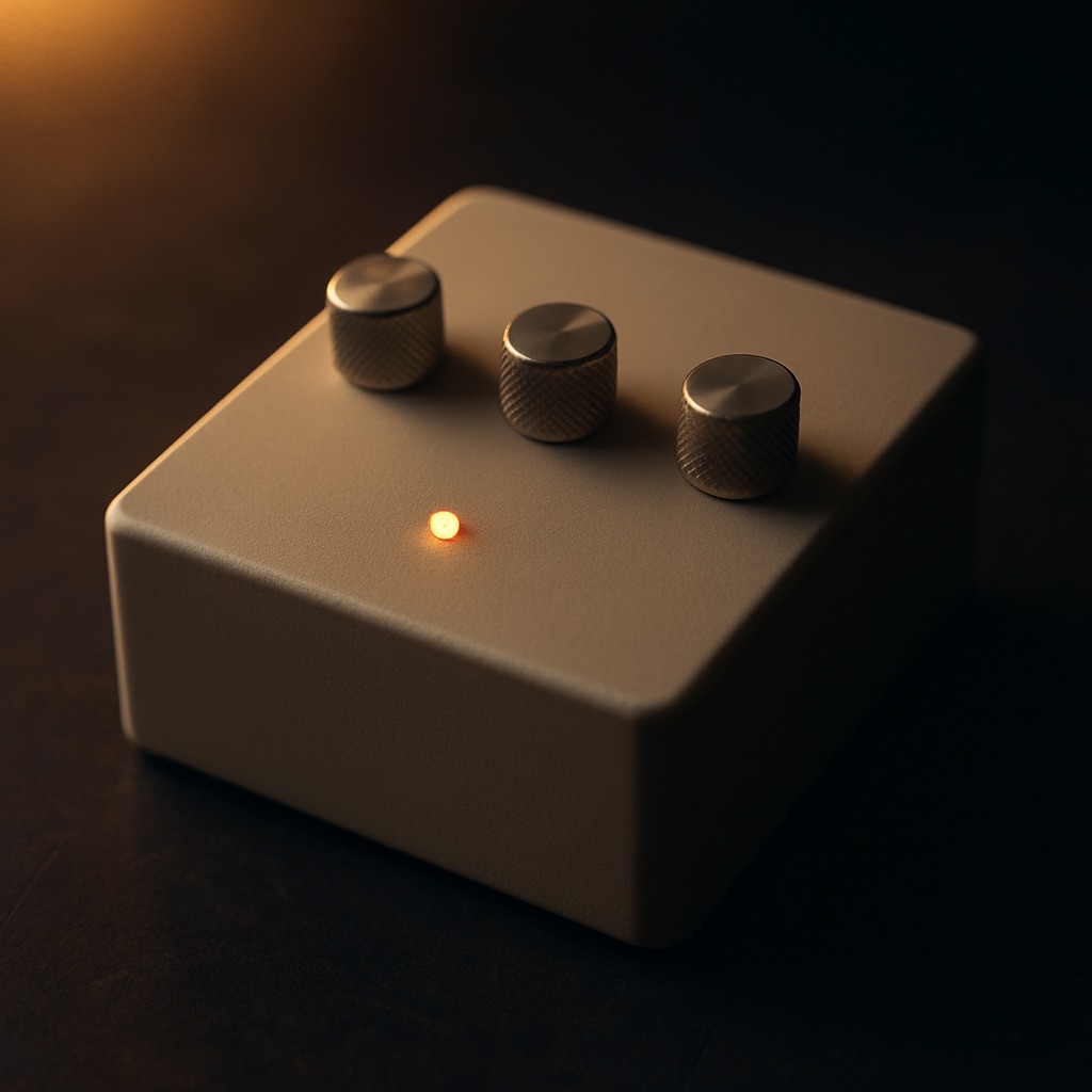 The gliim enclosure: three knurled knobs in a row and one small warm indicator light below them.